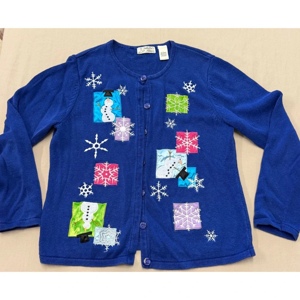Isabella's Closet‎ Blue Snowman Snowflake Applique Cardigan Sweater Women's L